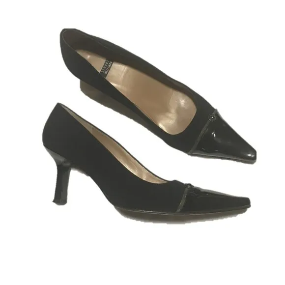 Stuart Weitzman heels Women's 9 black fabric &amp; patent leather kitten pointed toe