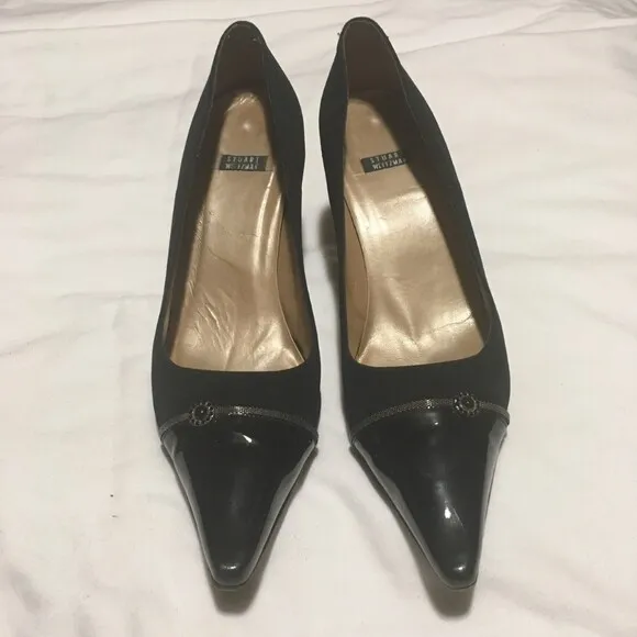 Stuart Weitzman heels Women's 9 black fabric &amp; patent leather kitten pointed toe
