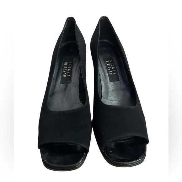 Stuart Weitzman l Vintage 90’s Patent Leather/Fabric Peep Toe Kitten Heels 9.5