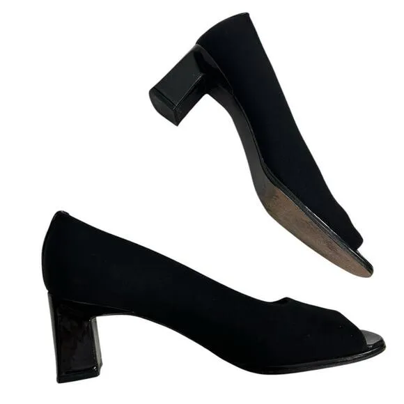Stuart Weitzman l Vintage 90’s Patent Leather/Fabric Peep Toe Kitten Heels 9.5
