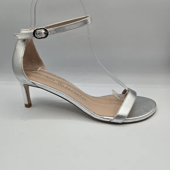 STUART WEITZMAN Leather Kitten Heels Metallic Silver EU 36.5