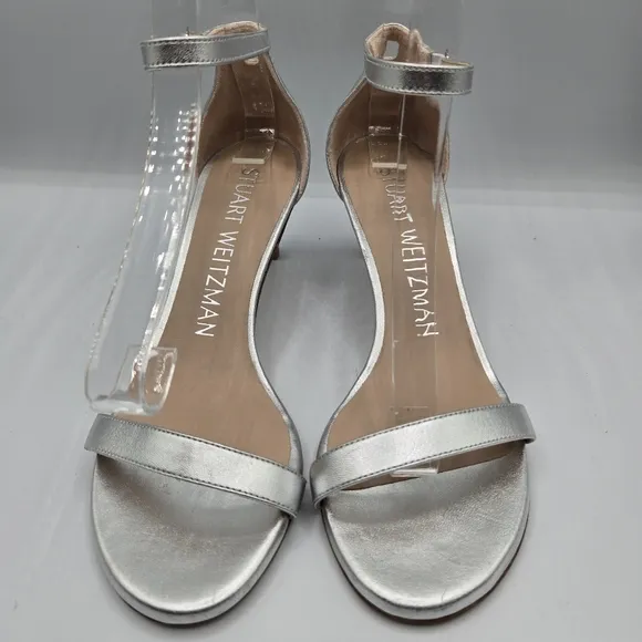 STUART WEITZMAN Leather Kitten Heels Metallic Silver EU 36.5