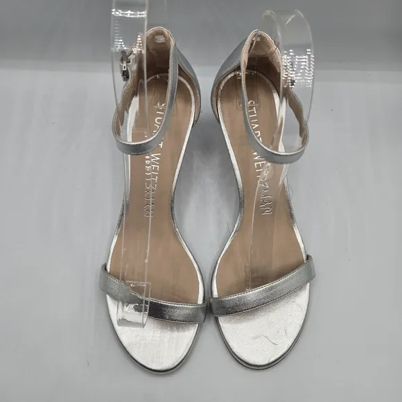 STUART WEITZMAN Leather Kitten Heels Metallic Silver EU 36.5