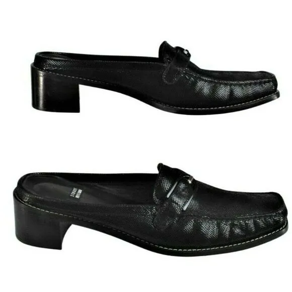 Stuart Weitzman Leather Shoe Mules Low Heel Square Toe Black Women's 8 NARROW