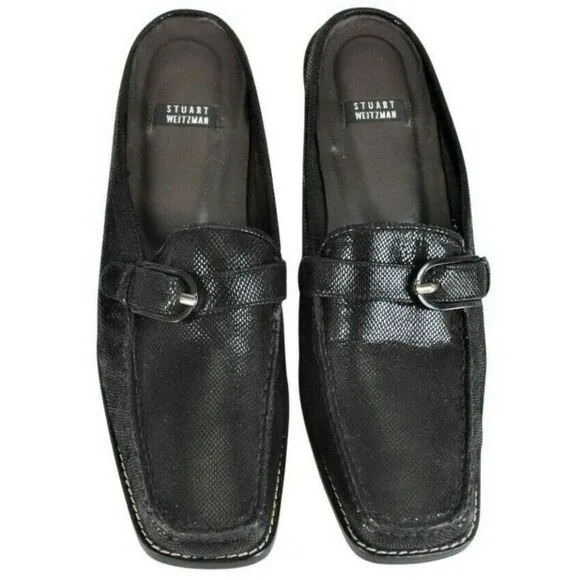 Stuart Weitzman Leather Shoe Mules Low Heel Square Toe Black Women's 8 NARROW