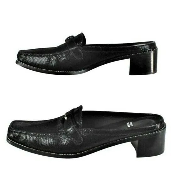 Stuart Weitzman Leather Shoe Mules Low Heel Square Toe Black Women's 8 NARROW