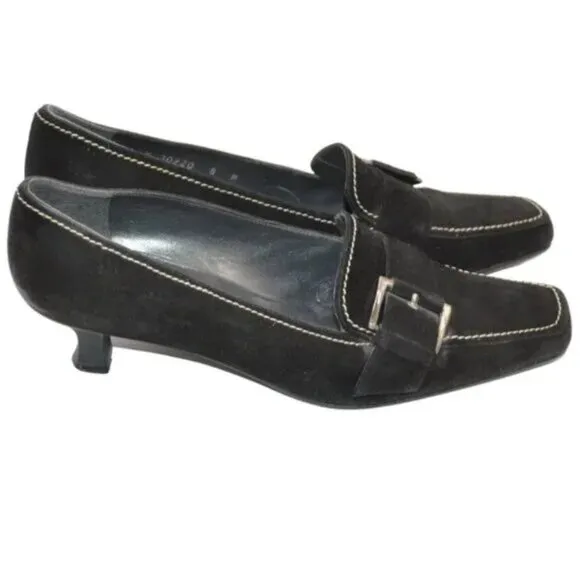 Stuart Weitzman Minimalist Black Suede Leather Buckle Kitten Heels Pumps 8