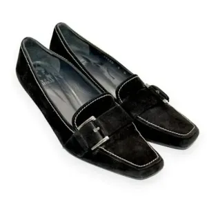 Stuart Weitzman Minimalist Black Suede Leather Buckle Kitten Heels Pumps 8