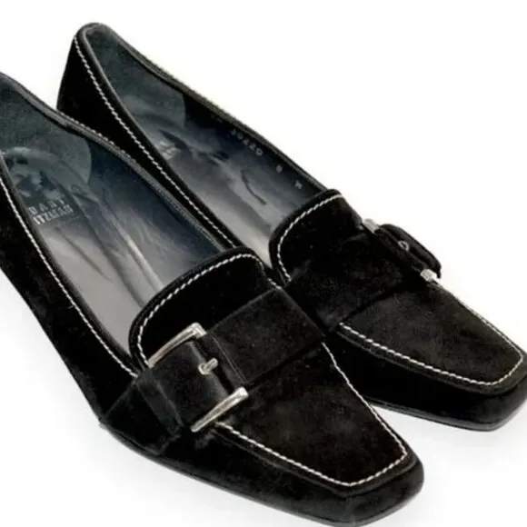Stuart Weitzman Minimalist Black Suede Leather Buckle Kitten Heels Pumps 8