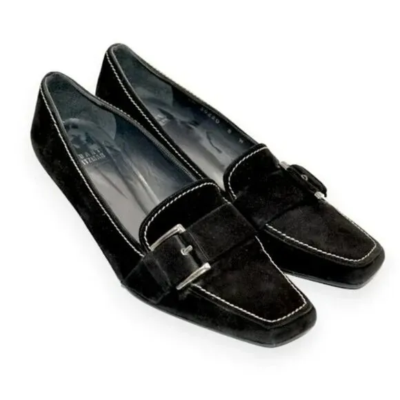 Stuart Weitzman Minimalist Black Suede Leather Buckle Kitten Heels Pumps 8