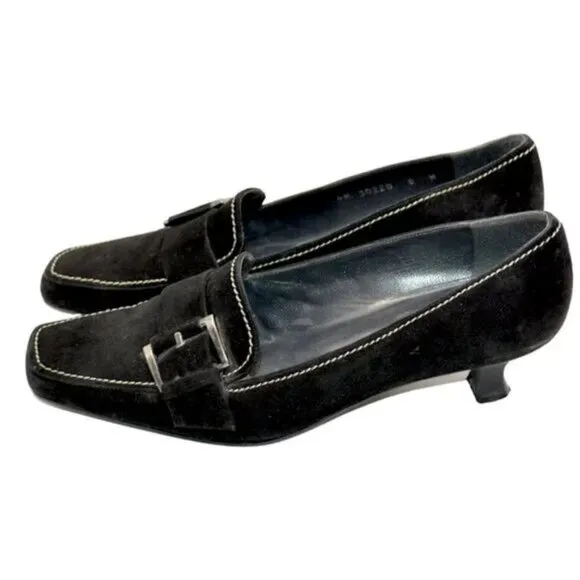 Stuart Weitzman Minimalist Black Suede Leather Buckle Kitten Heels Pumps 8