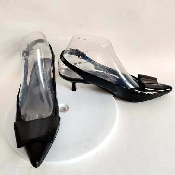 Stuart Weitzman Patent Leather Black Kitten Heels Pumps Pointed Toe Size 6 Bow