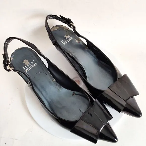 Stuart Weitzman Patent Leather Black Kitten Heels Pumps Pointed Toe Size 6 Bow