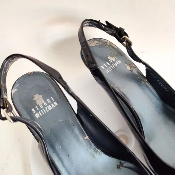 Stuart Weitzman Patent Leather Black Kitten Heels Pumps Pointed Toe Size 6 Bow