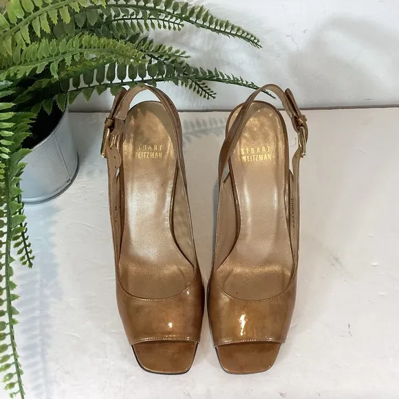STUART WEITZMAN PATENT LEATHER SIDEBAR COSMOS SQUARE TOE SLINGBACK HEELS SZ 7.5