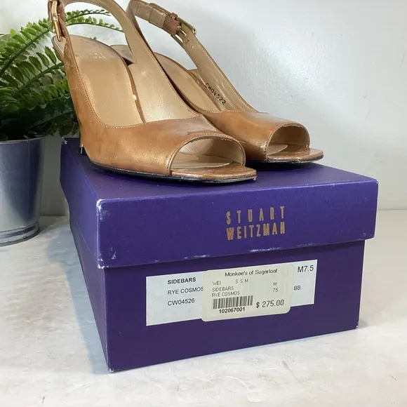 STUART WEITZMAN PATENT LEATHER SIDEBAR COSMOS SQUARE TOE SLINGBACK HEELS SZ 7.5