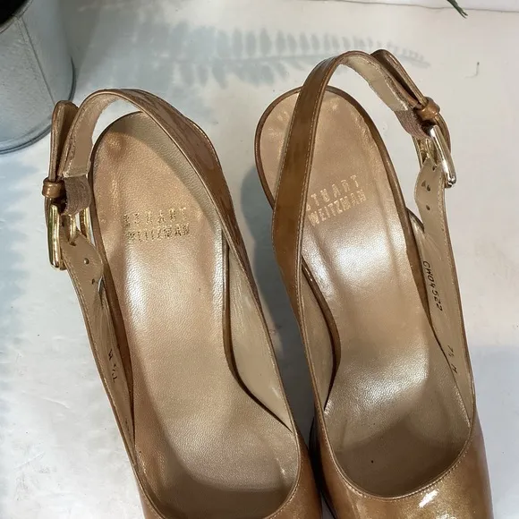 STUART WEITZMAN PATENT LEATHER SIDEBAR COSMOS SQUARE TOE SLINGBACK HEELS SZ 7.5