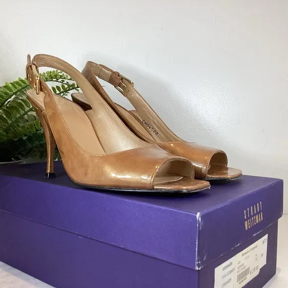 STUART WEITZMAN PATENT LEATHER SIDEBAR COSMOS SQUARE TOE SLINGBACK HEELS SZ 7.5