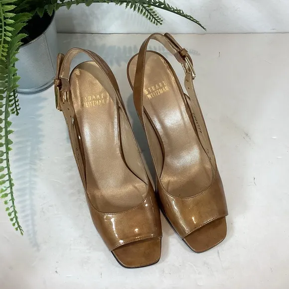 STUART WEITZMAN PATENT LEATHER SIDEBAR COSMOS SQUARE TOE SLINGBACK HEELS SZ 7.5
