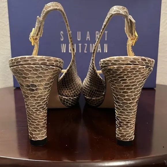 Stuart Weitzman Peekapoo Mushroom Crystal Slingback Snakeskin Pumps Heels SZ 8