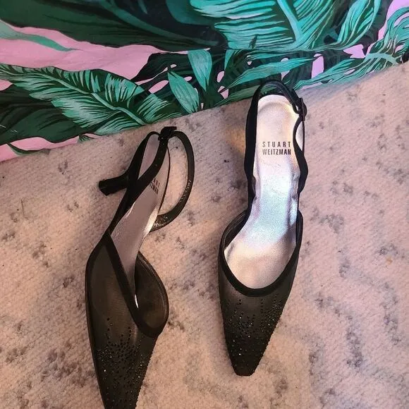stuart weitzman rhinestone sling back kitten heels 5.5