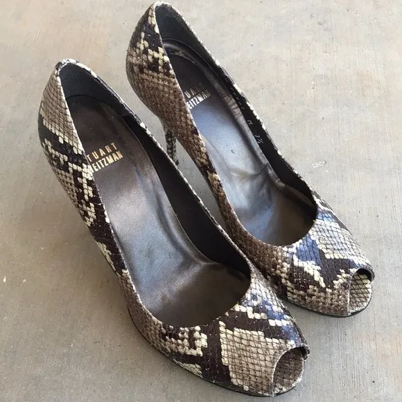 Stuart Weitzman Snakeskin Peep Toe Kitten Heels