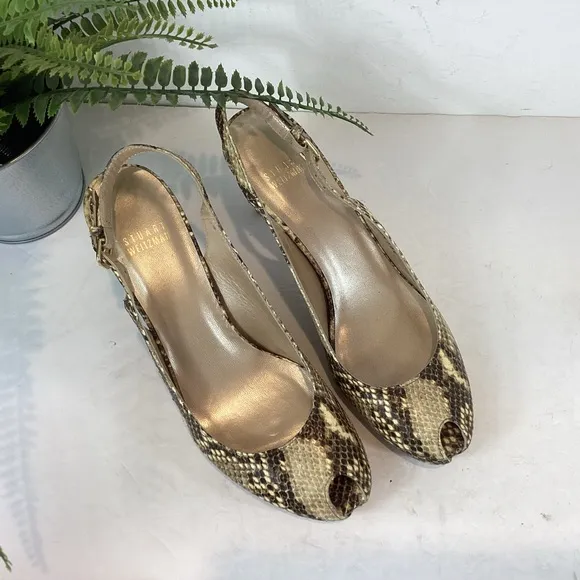 STUART WEITZMAN SNAKESKIN SLINGBACK PEEP TOE HEELS SZ 8