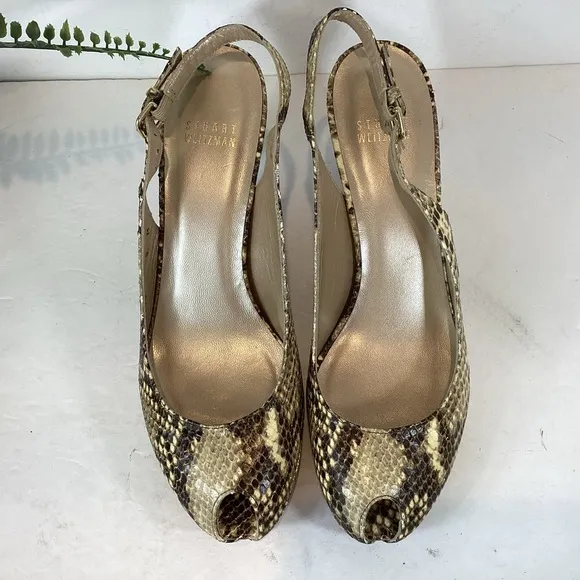 STUART WEITZMAN SNAKESKIN SLINGBACK PEEP TOE HEELS SZ 8