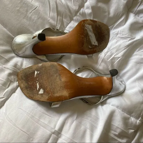Stuart Weitzman Strappy Silver Chain Kitten Heels