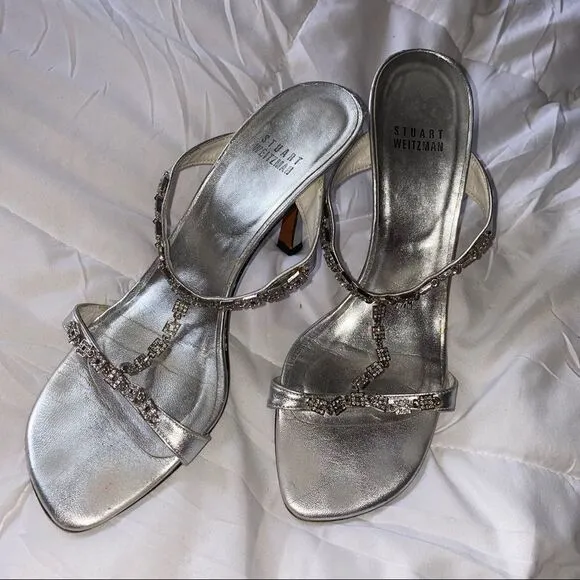 Stuart Weitzman Strappy Silver Chain Kitten Heels