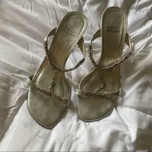 Stuart Weitzman Strappy Silver Chain Kitten Heels