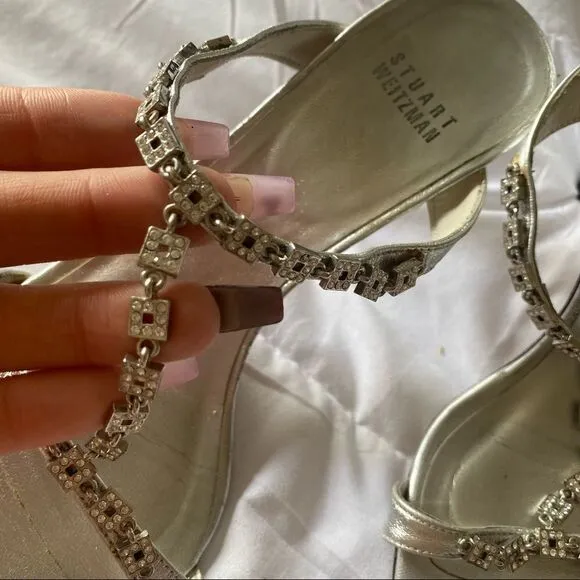 Stuart Weitzman Strappy Silver Chain Kitten Heels