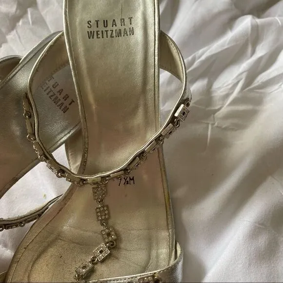 Stuart Weitzman Strappy Silver Chain Kitten Heels