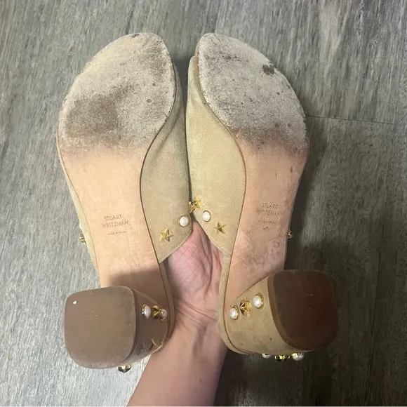 Stuart weitzman tan suede embellished block heel mules