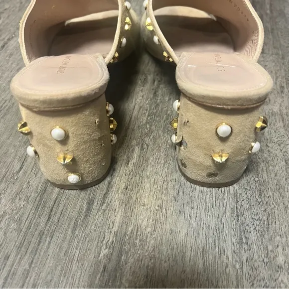 Stuart weitzman tan suede embellished block heel mules