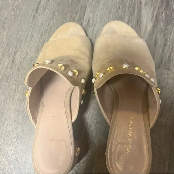 Stuart weitzman tan suede embellished block heel mules