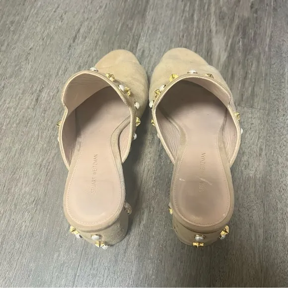Stuart weitzman tan suede embellished block heel mules
