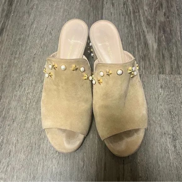 Stuart weitzman tan suede embellished block heel mules