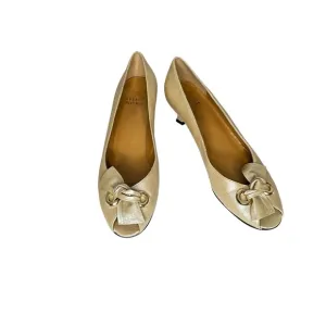 Stuart Weitzman Taupe Pearlized Leather Peep Toe Kitten Heels w/Bow 7.5N