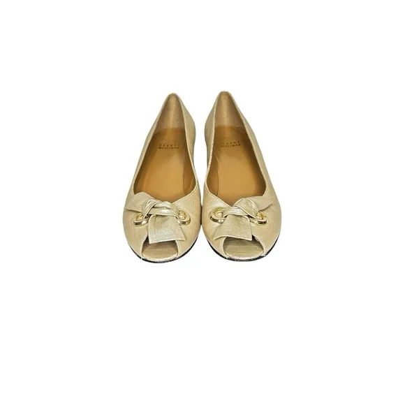 Stuart Weitzman Taupe Pearlized Leather Peep Toe Kitten Heels w/Bow 7.5N