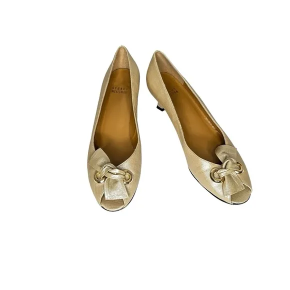 Stuart Weitzman Taupe Pearlized Leather Peep Toe Kitten Heels w/Bow 7.5N