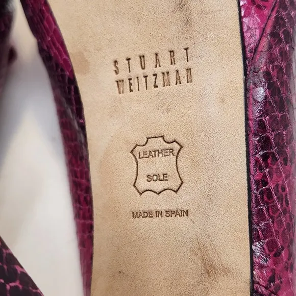 Stuart Weitzman Vevey Pink Leather Snake Print Stiletto Heels 10 M Slingback Bow