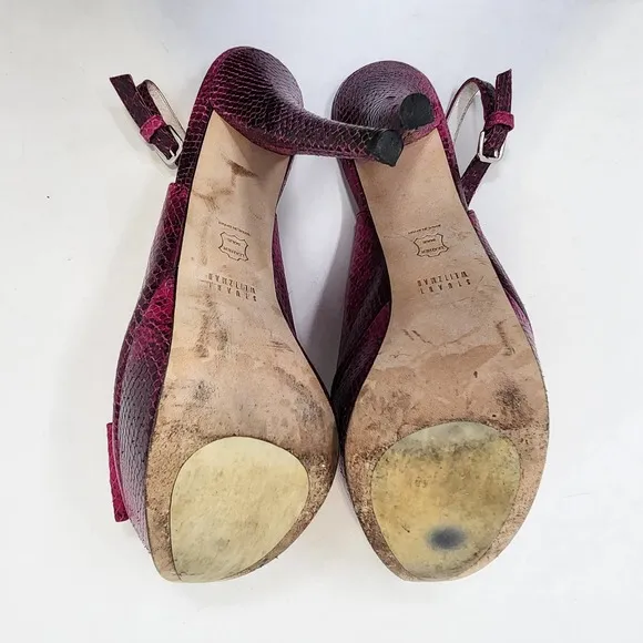 Stuart Weitzman Vevey Pink Leather Snake Print Stiletto Heels 10 M Slingback Bow