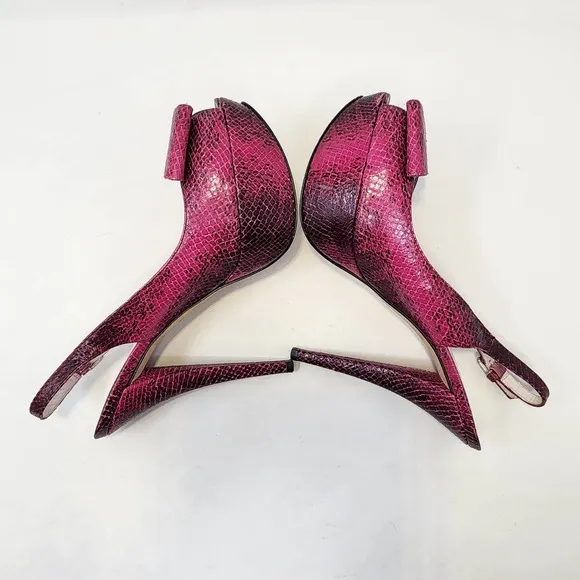 Stuart Weitzman Vevey Pink Leather Snake Print Stiletto Heels 10 M Slingback Bow