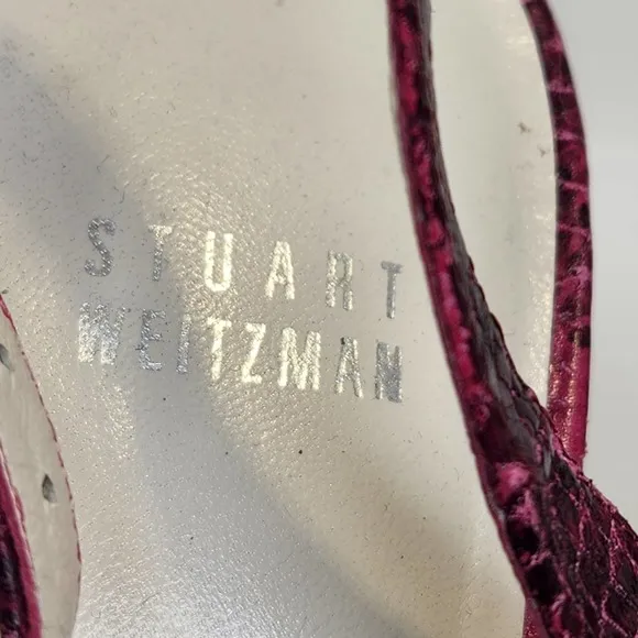 Stuart Weitzman Vevey Pink Leather Snake Print Stiletto Heels 10 M Slingback Bow