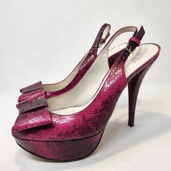 Stuart Weitzman Vevey Pink Leather Snake Print Stiletto Heels 10 M Slingback Bow