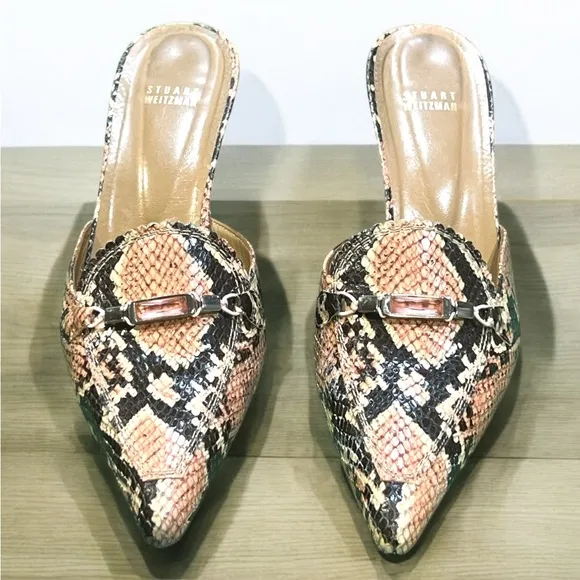 Stuart Weitzman Women’s Pink/Gray Embossed Snake Leather Slide Mules Size11.