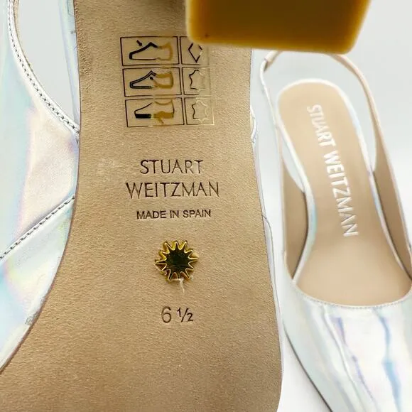 Stuart Weitzman Womens Xcurve 85 Slingback Heels US 6.5 Silver Sling Back NWOB