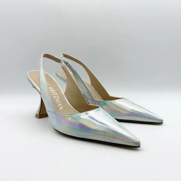Stuart Weitzman Womens Xcurve 85 Slingback Heels US 6.5 Silver Sling Back NWOB