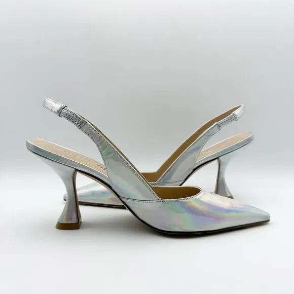 Stuart Weitzman Womens Xcurve 85 Slingback Heels US 6.5 Silver Sling Back NWOB